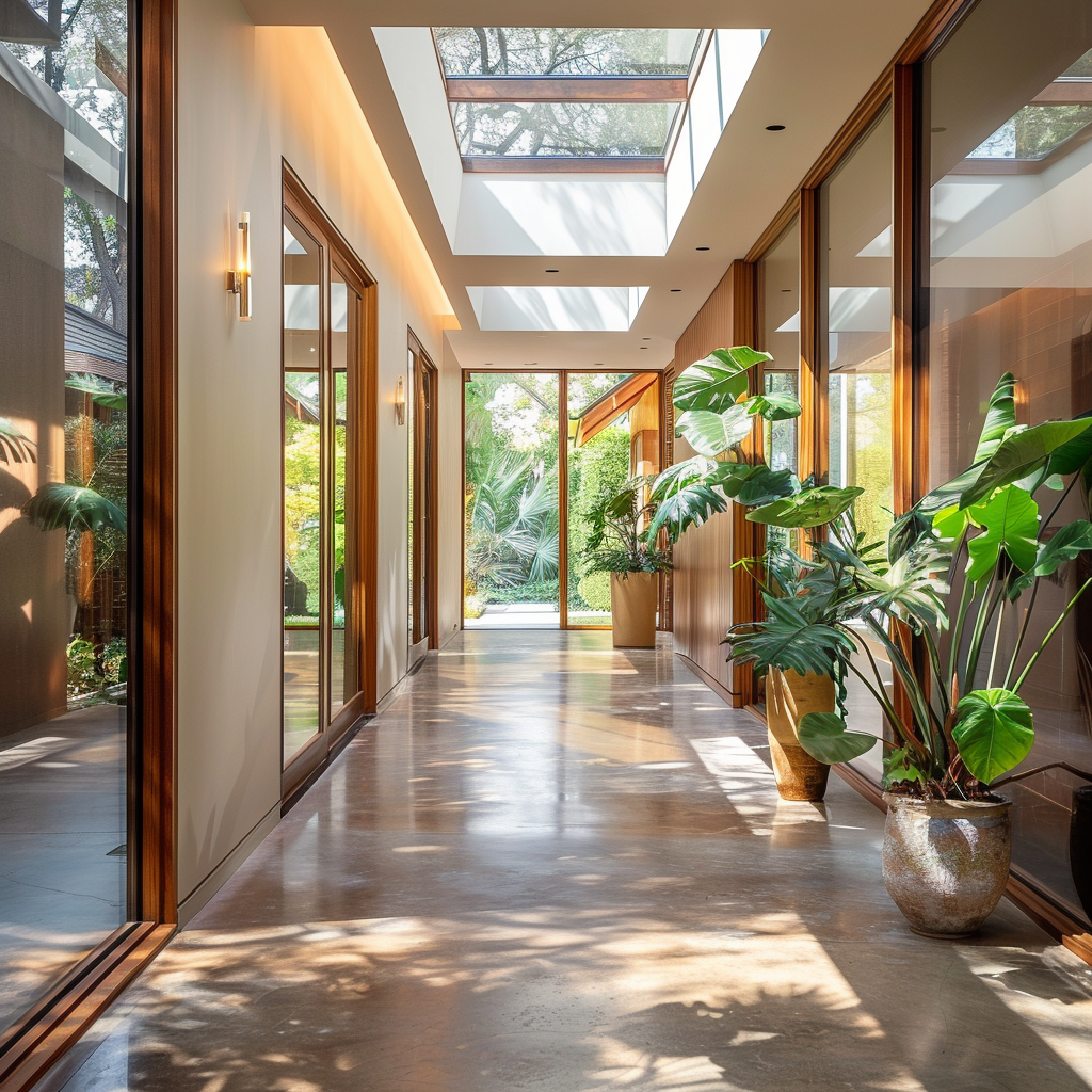 A mid-century modern hallway flooded with natural light from skylights or large windows, emphasizing the connection with nature and creating a soft, inviting atmosphere2