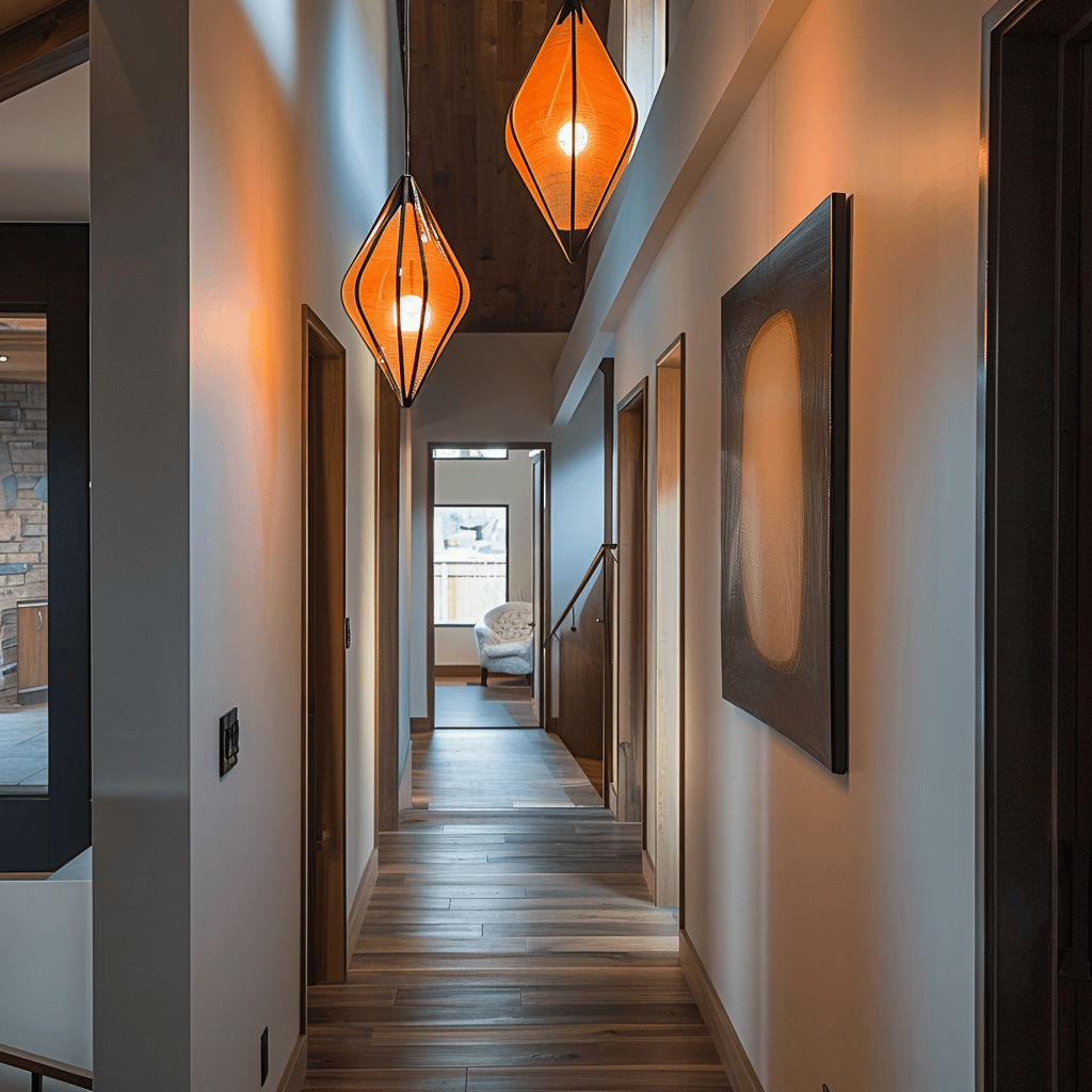 A mid-century modern hallway illuminated by iconic pendant lights with sleek, geometric shapes and organic, sculptural forms, complemented by wall sconces and natural light3