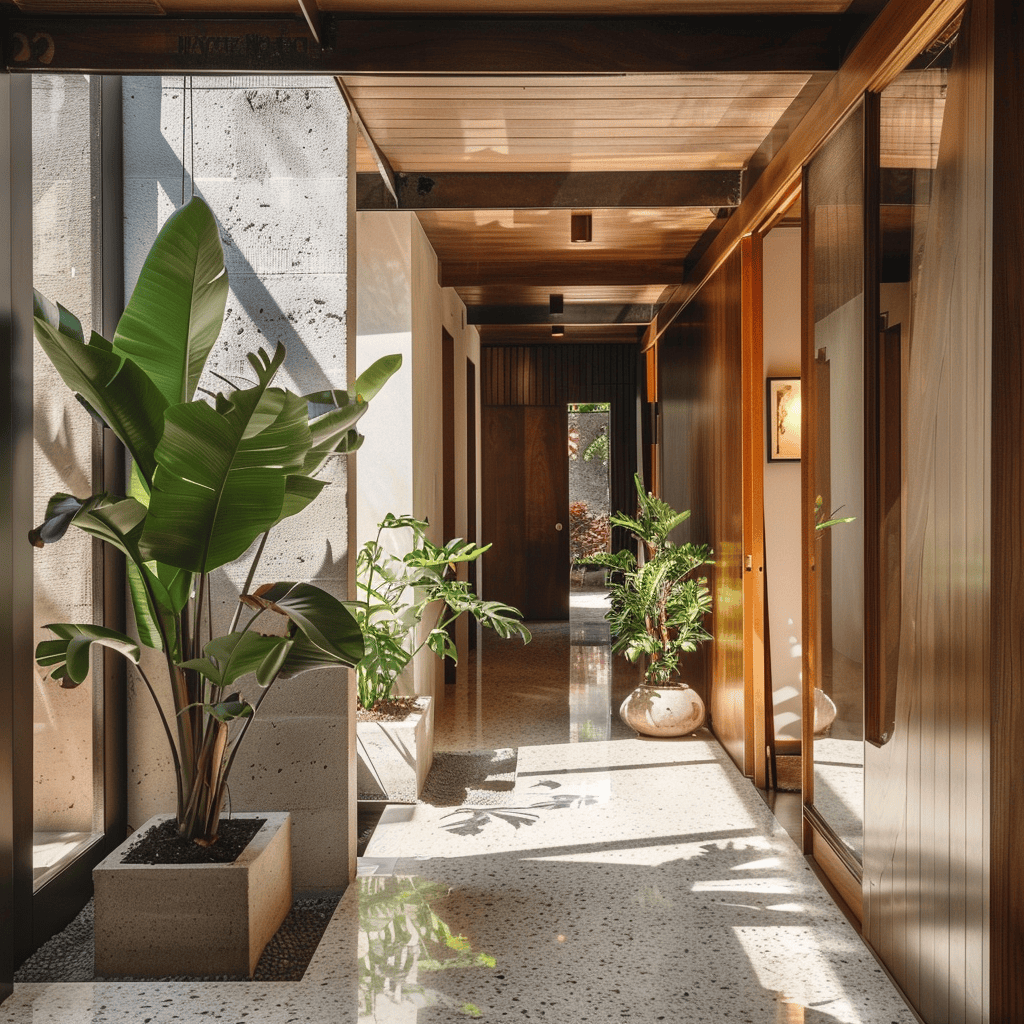 A mid-century modern hallway incorporating plants in planters with simple, geometric shapes or organic, sculptural forms, bringing nature indoors and creating a fresh atmosphere4