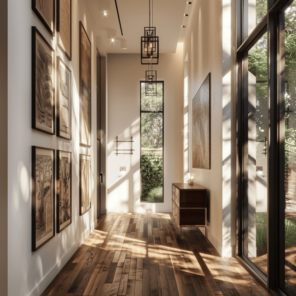 A mid-century modern hallway maximizing vertical space, with artwork or mirrors hung higher on the walls and wall-mounted lighting fixtures, creating the illusion of taller ceilings1
