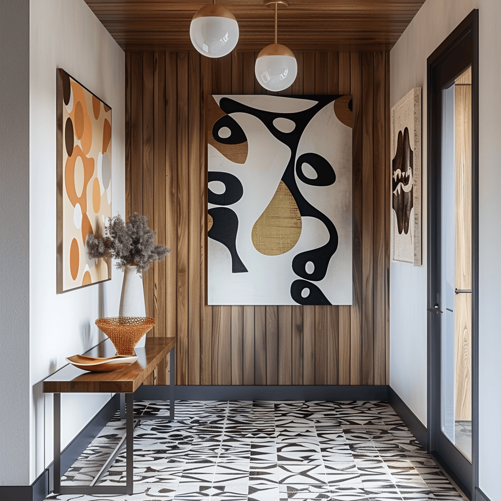 A mid-century modern hallway mixing patterns and textures, such as a graphic, geometric wallpaper paired with a plush, textured rug, or smooth surfaces combined with rough elements2
