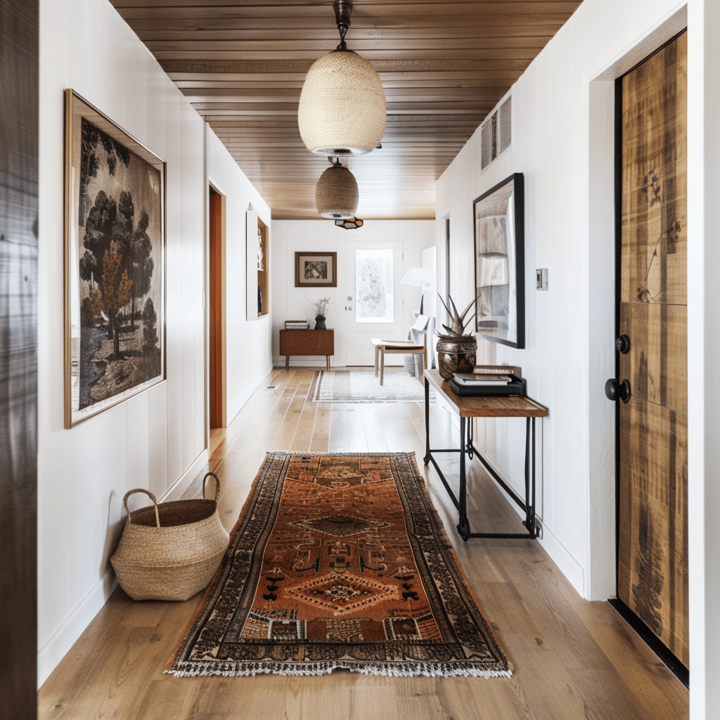 A mid-century modern hallway seamlessly blending with contemporary elements, incorporating rustic touches, and mixing patterns and textures to create a unique, personalized space1