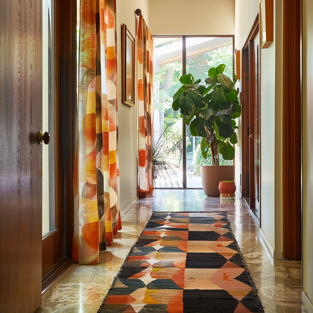 A mid-century modern hallway with a geometric patterned rug, sheer curtains in a bold graphic print, and planters with organic, sculptural forms, bringing nature indoors4