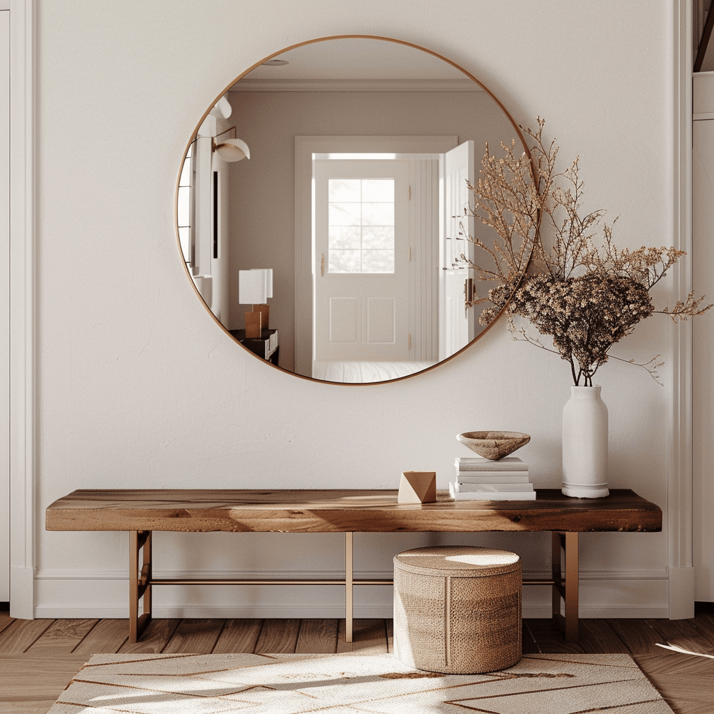 A mid-century modern hallway with a large, round mirror with a slim, metallic frame, expanding the perceived space, or a grouping of smaller, geometric mirrors creating a focal point2