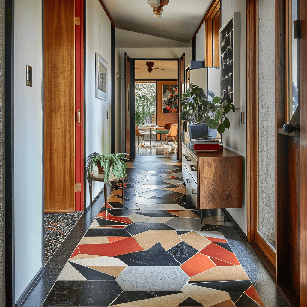 A mid-century modern hallway with bold, contrasting geometric tiles in classic shapes like hexagons, diamonds, or triangles, showcasing the playful, graphic nature of the design style2