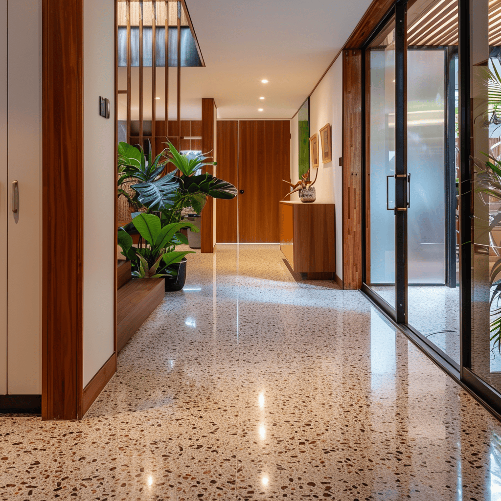 A mid-century modern hallway with classic terrazzo flooring, featuring a unique, speckled appearance that adds visual interest and durability2