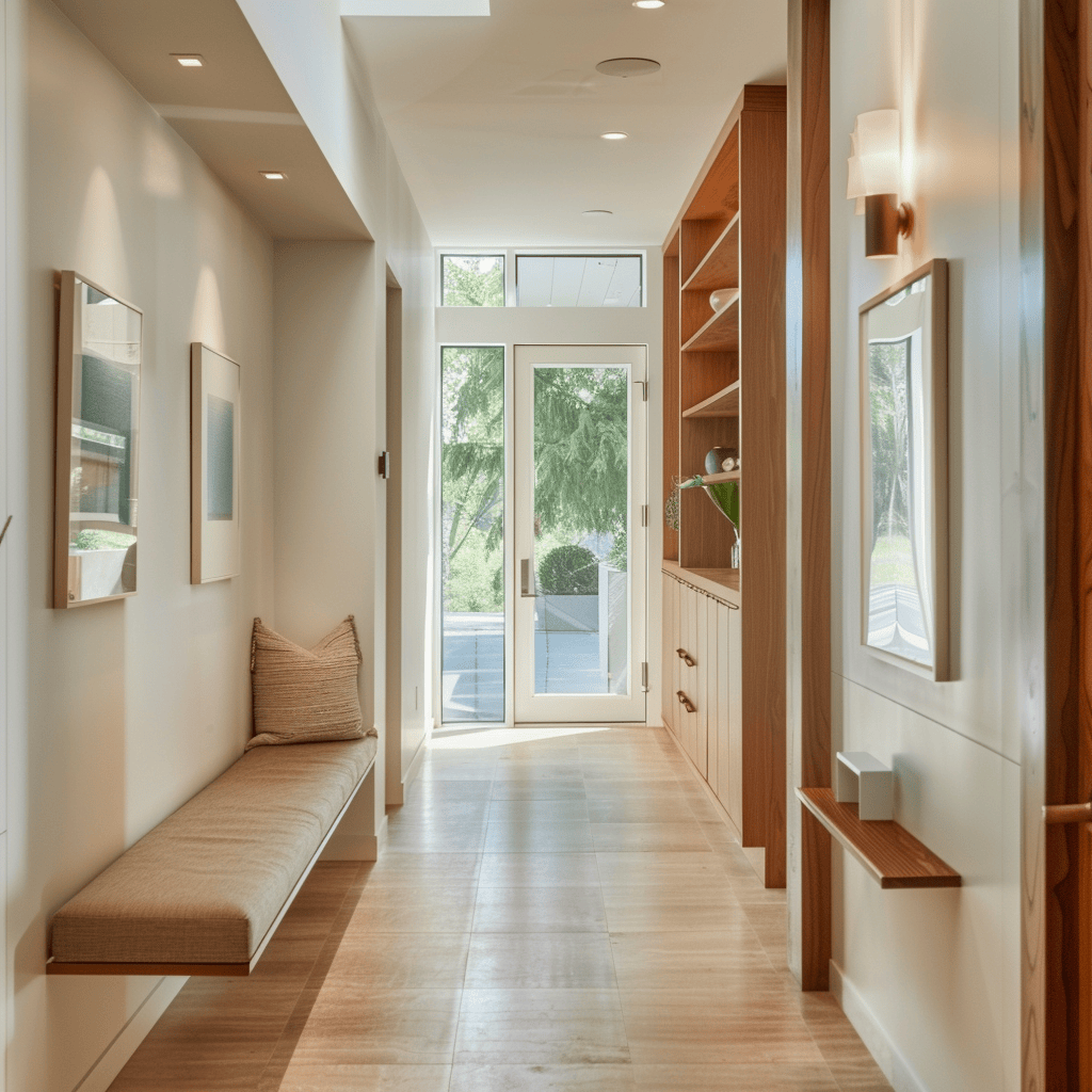 A mid-century modern hallway with clever storage solutions like floating shelves, wall-mounted cabinets, or a sleek, low-profile storage bench, keeping the space clutter-free2
