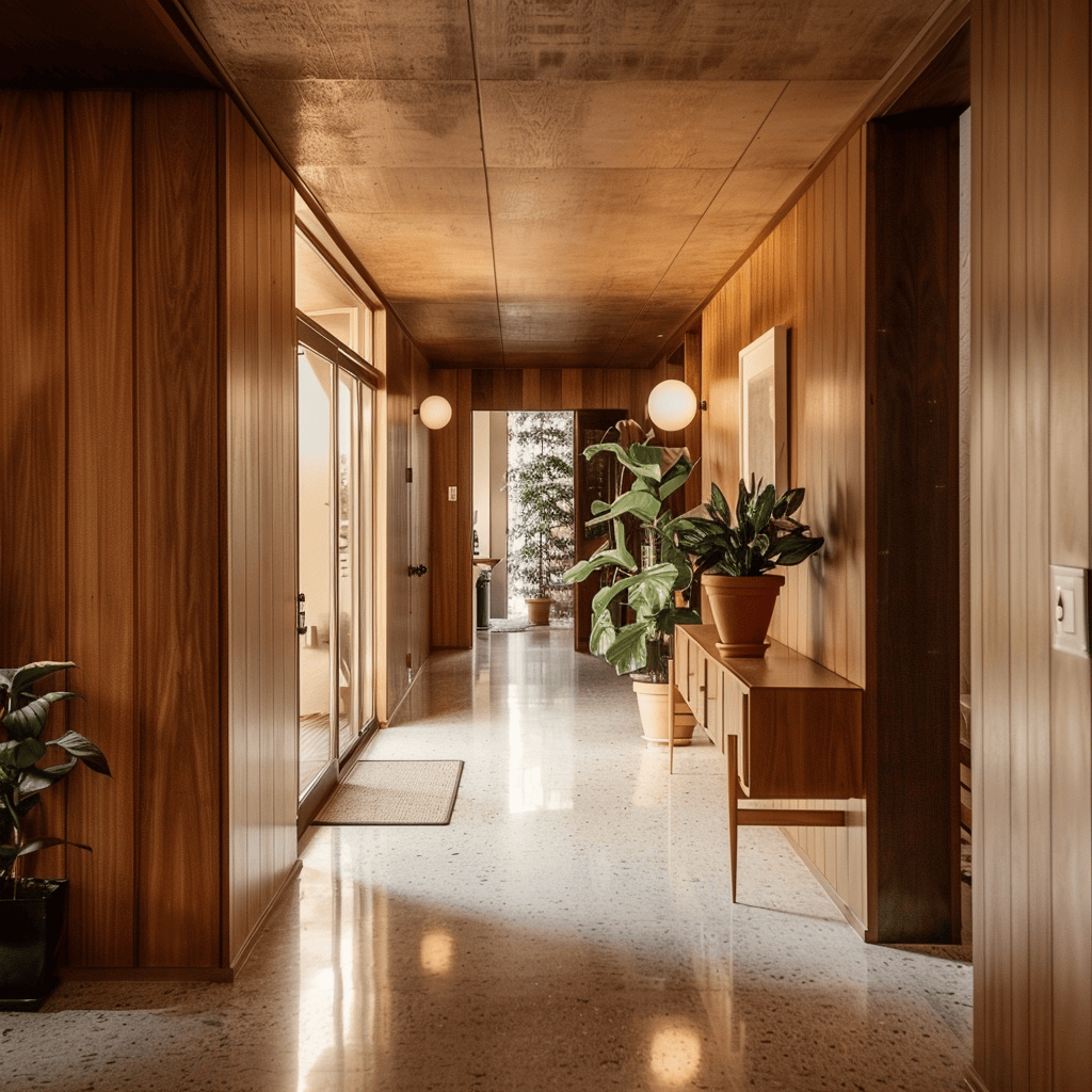 A mid-century modern hallway with earthy tones and neutral backdrops creating a warm, inviting atmosphere while highlighting the natural materials commonly used in the style2