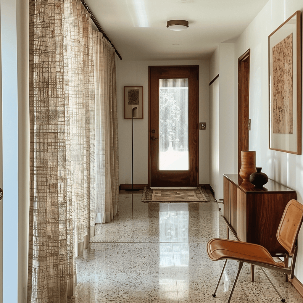 A mid-century modern hallway with lightweight, sheer curtains or drapes in neutral tones or bold, graphic patterns, providing privacy and style while maintaining an airy feel3