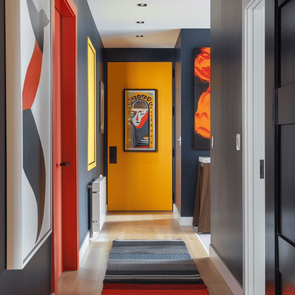 A mid-century modern hallway with pops of bold, vibrant accent colors introduced through artwork, textiles, or a painted door, adding a playful and energetic touch4