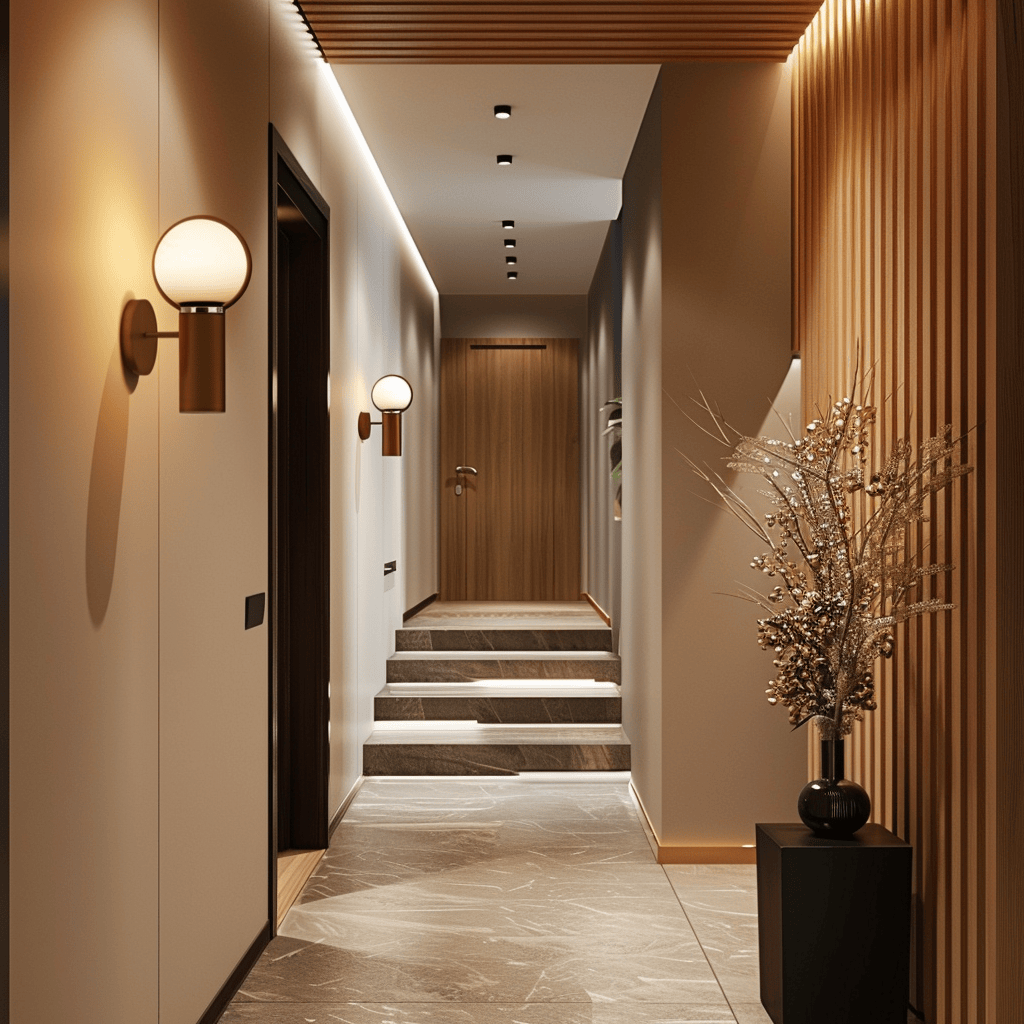 A mid-century modern hallway with sleek, minimalist wall sconces in simple globe or elongated cylindrical shapes, providing task and ambient lighting while maintaining an uncluttered aesthetic3