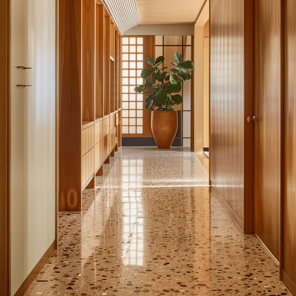 A mid-century modern hallway with terrazzo flooring in a unique, speckled pattern, complemented by warm, rich hardwood accents and geometric tiles adding visual interest3