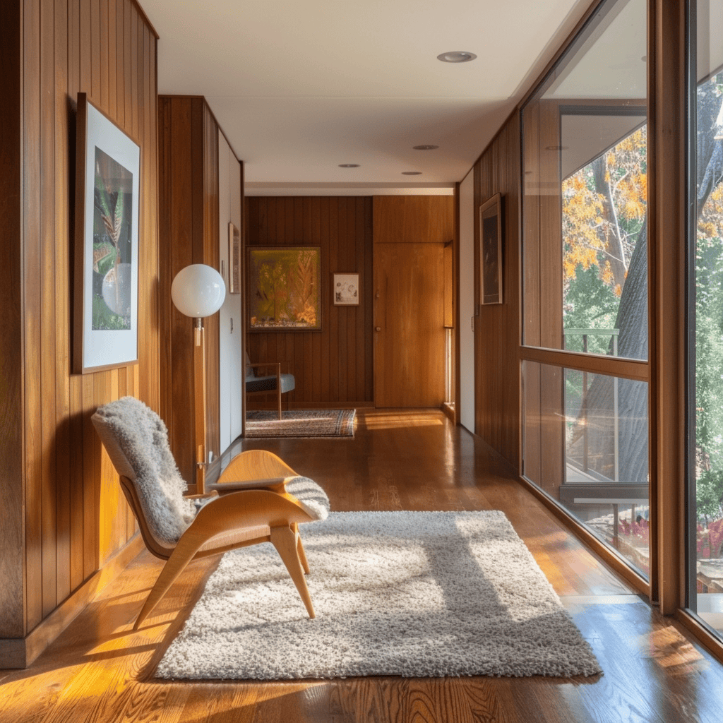 A mid-century modern hallway with warm, rich hardwood flooring in tones like teak, walnut, or oak, creating a sense of depth and natural beauty3