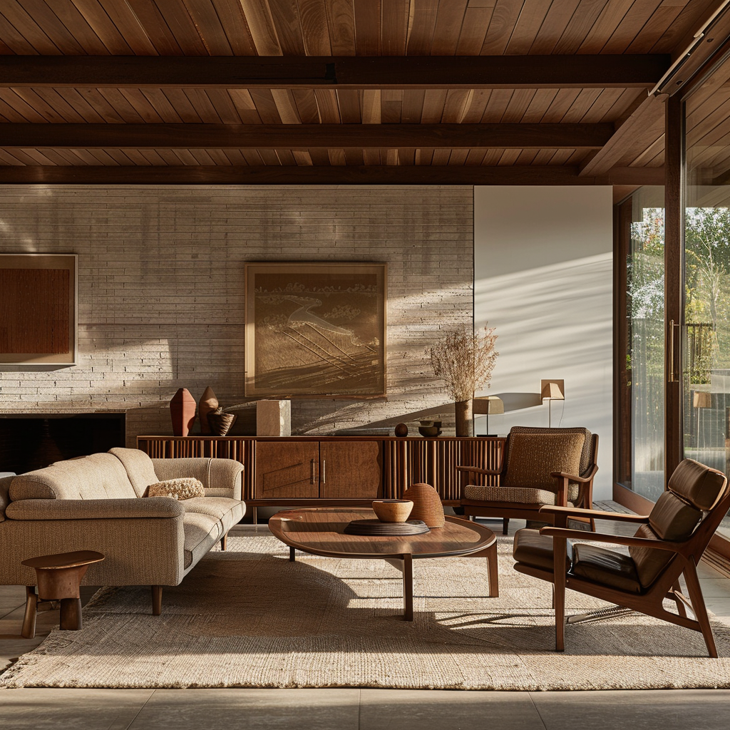 A mid-century modern interior showcasing the beauty of natural materials, such as wood furniture, leather accents, and textured textiles3