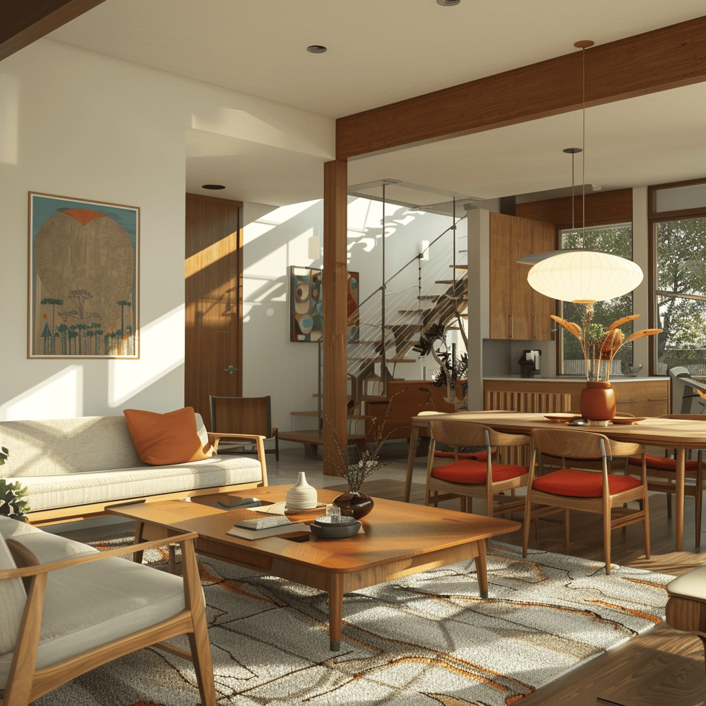 A mid-century modern living room seamlessly flowing into a dining area, creating an open, connected space that promotes togetherness and easy living4