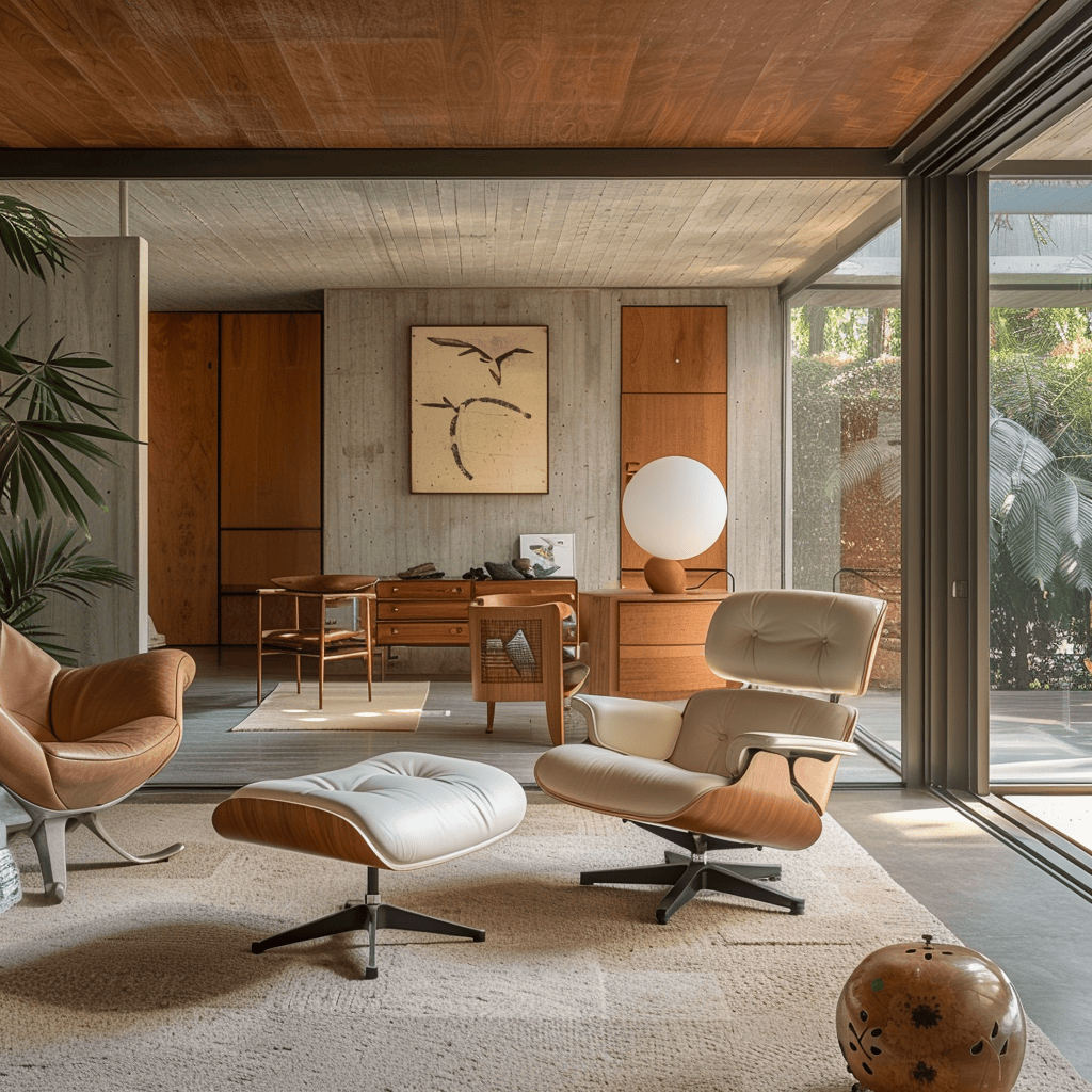 A mid-century modern living room showcasing the iconic Eames lounge chair and ottoman, featuring molded plywood and leather upholstery, a testament to the Eames' innovative designs3