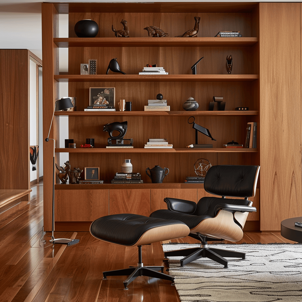A mid-century modern living room showcasing the iconic Eames lounge chair, functional lighting, and built-in shelving, demonstrating the seamless integration of functionality and form in design