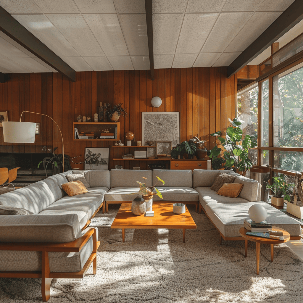 A mid-century modern living room that incorporates new materials, technologies, and design sensibilities, demonstrating how the style continues to evolve and adapt over time, remaining eternally relevant