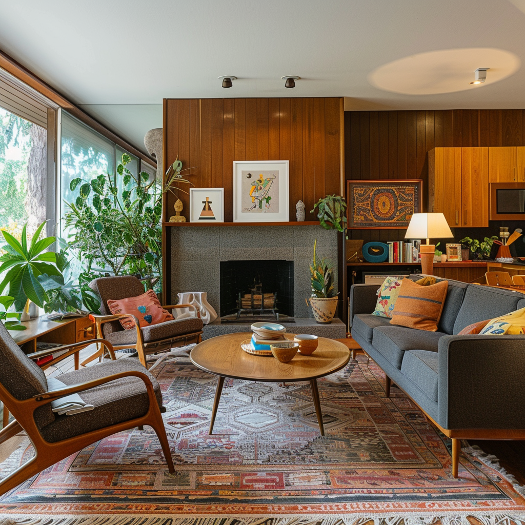 A mid-century modern living room that incorporates personal touches, such as family heirlooms and cherished collections, making the space feel uniquely tailored to the homeowner's taste and story