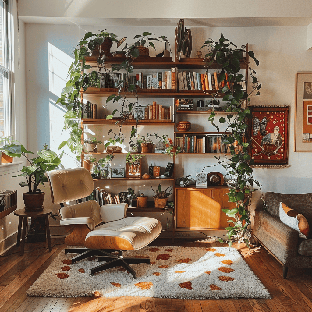 A mid-century modern living room with a George Nelson modular shelving unit, displaying a curated collection of books, plants, and decor objects, exemplifying his innovative approach to design