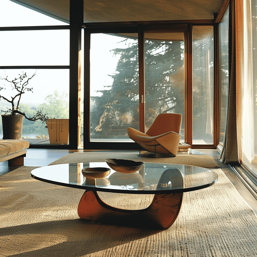 A mid-century modern living room with a Noguchi coffee table, featuring a sculptural glass top and curved wooden base, showcasing the artist's mastery of light and form