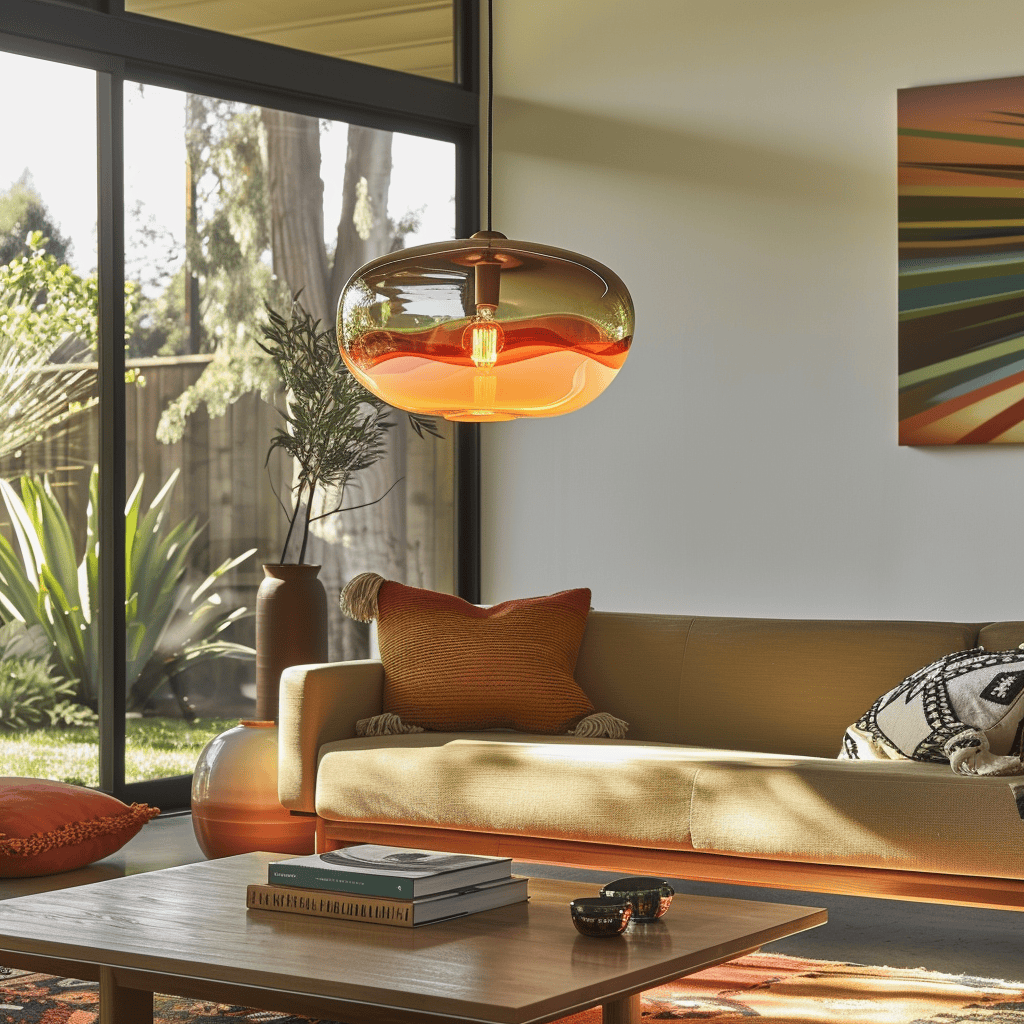 A mid-century modern living room with a colorful glass pendant light above the coffee table, adding a pop of color and a soft, warm glow to the space3