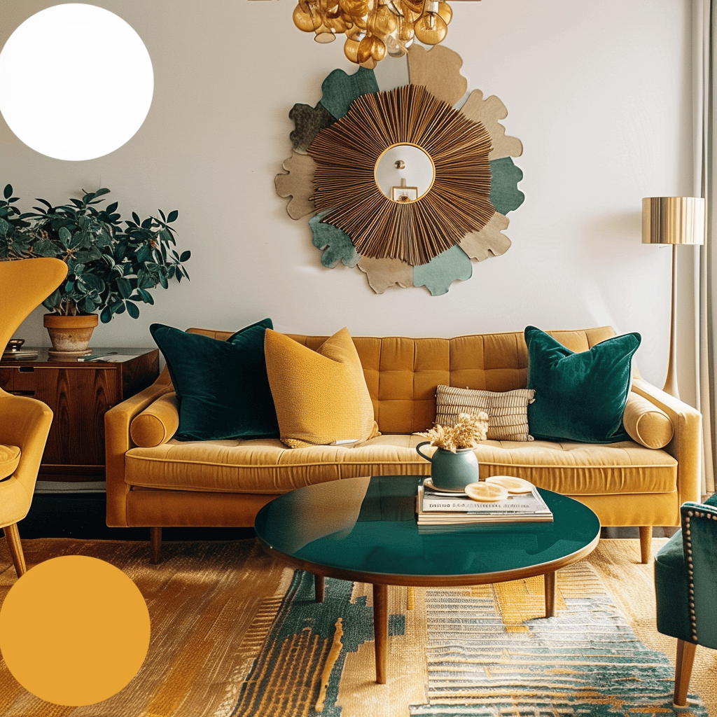 A mid-century modern living room with a harmonious color palette of earthy greens, warm mustards, and vibrant teals, creating a visually striking and inviting space3
