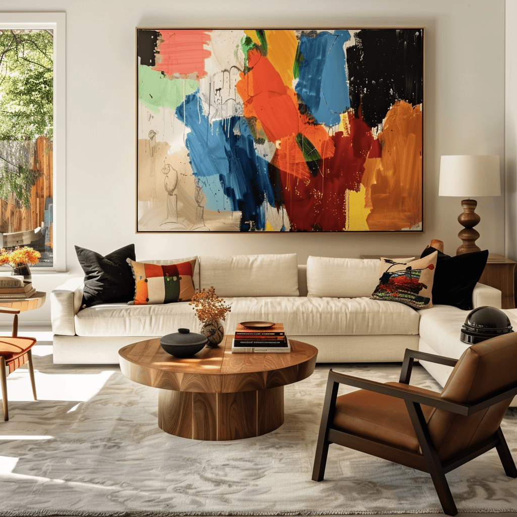 A mid-century modern living room with a large, abstract expressionist painting featuring bold brushstrokes and vivid colors, serving as a captivating focal point on the wall3