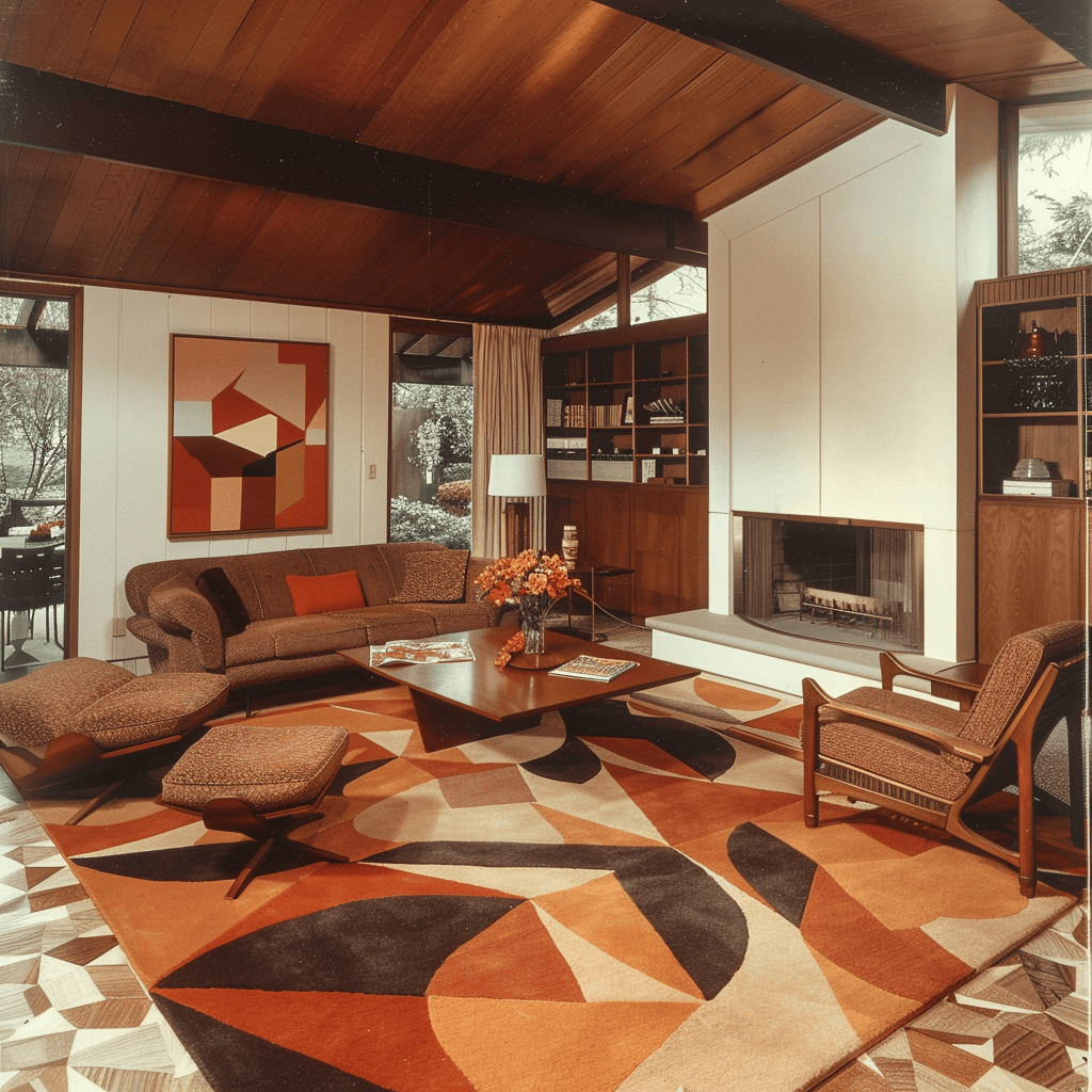 A mid-century modern living room with a large, geometric area rug in shades of orange and brown, anchoring the seating area and adding a bold, eye-catching element3
