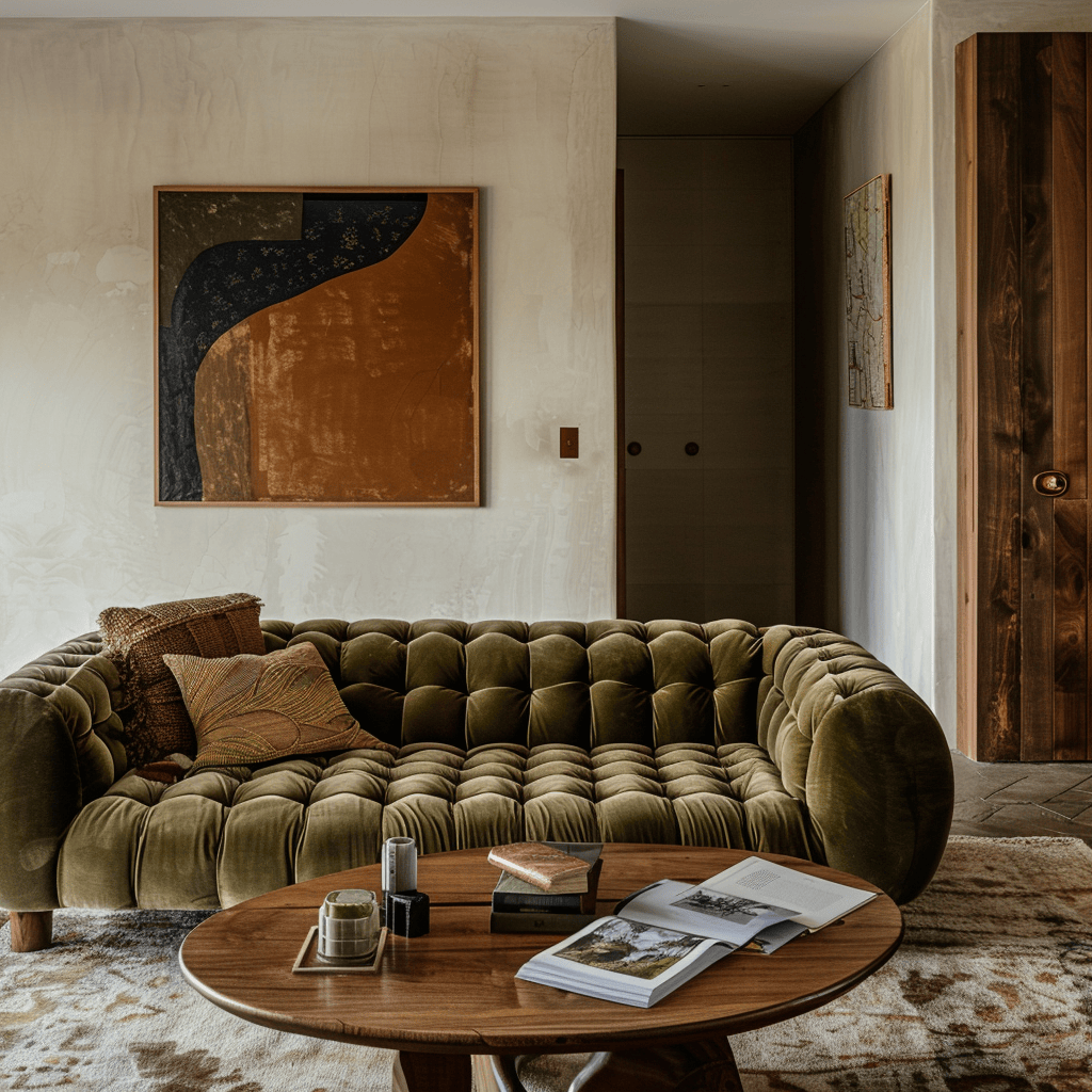A mid-century modern living room with a low-profile, tufted sofa in rich green velvet, serving as a sculptural focal point and comfortable seating option3