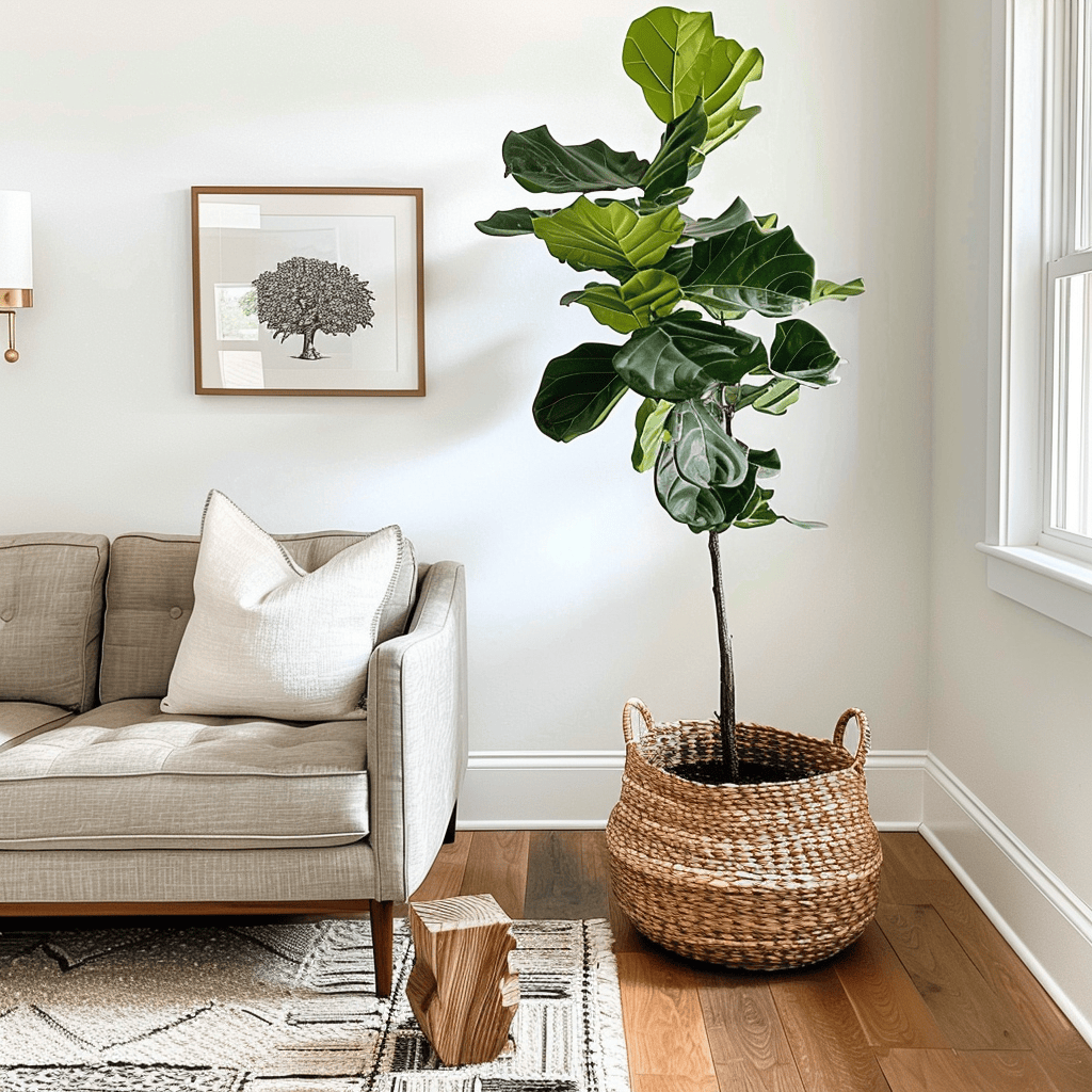 A mid-century modern living room with a lush fiddle leaf fig tree in a woven basket, adding a touch of natural greenery and organic texture to the space