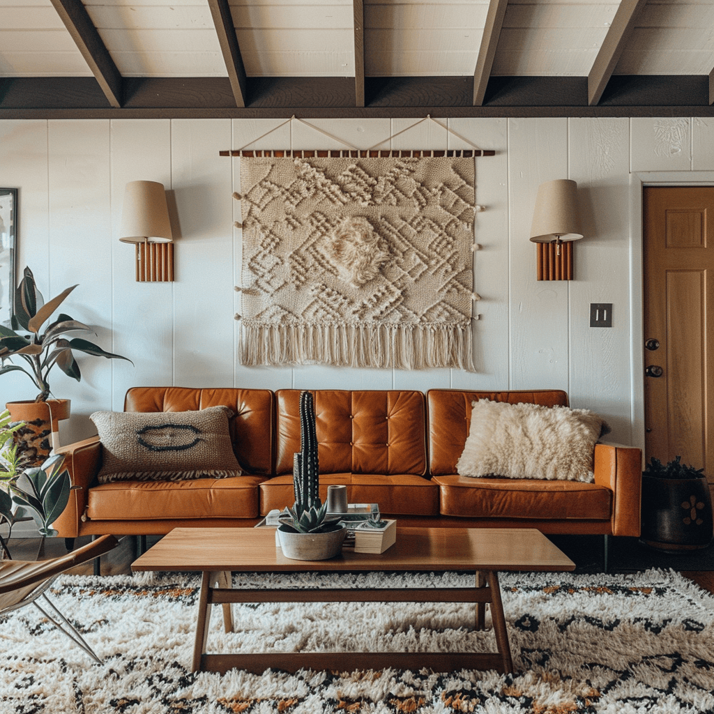 A mid-century modern living room with a mix of captivating textiles, including a plush shag rug, woven wall hanging, and patterned throw pillows, adding depth and visual intrigue2