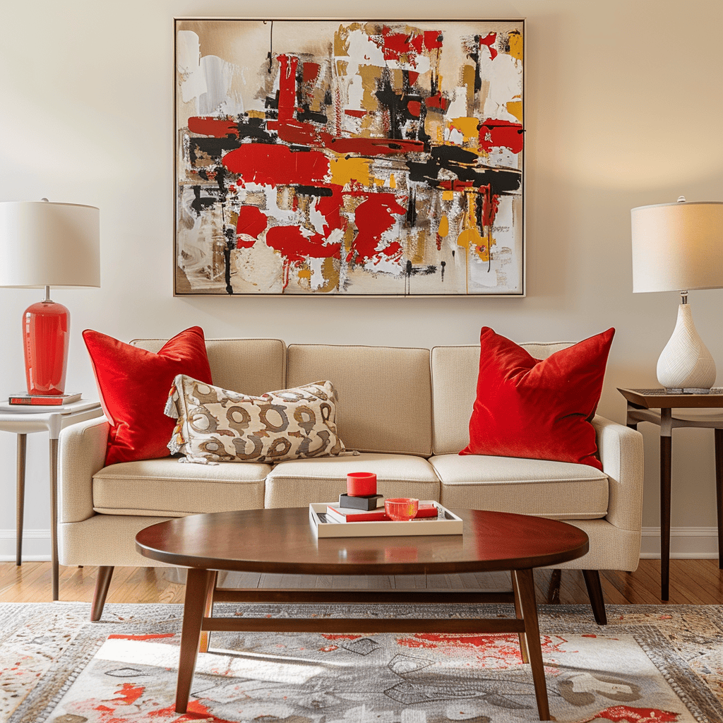 A mid-century modern living room with a neutral base, elevated by bold cherry red accents and a vibrant abstract art piece, infusing the space with personality and character4