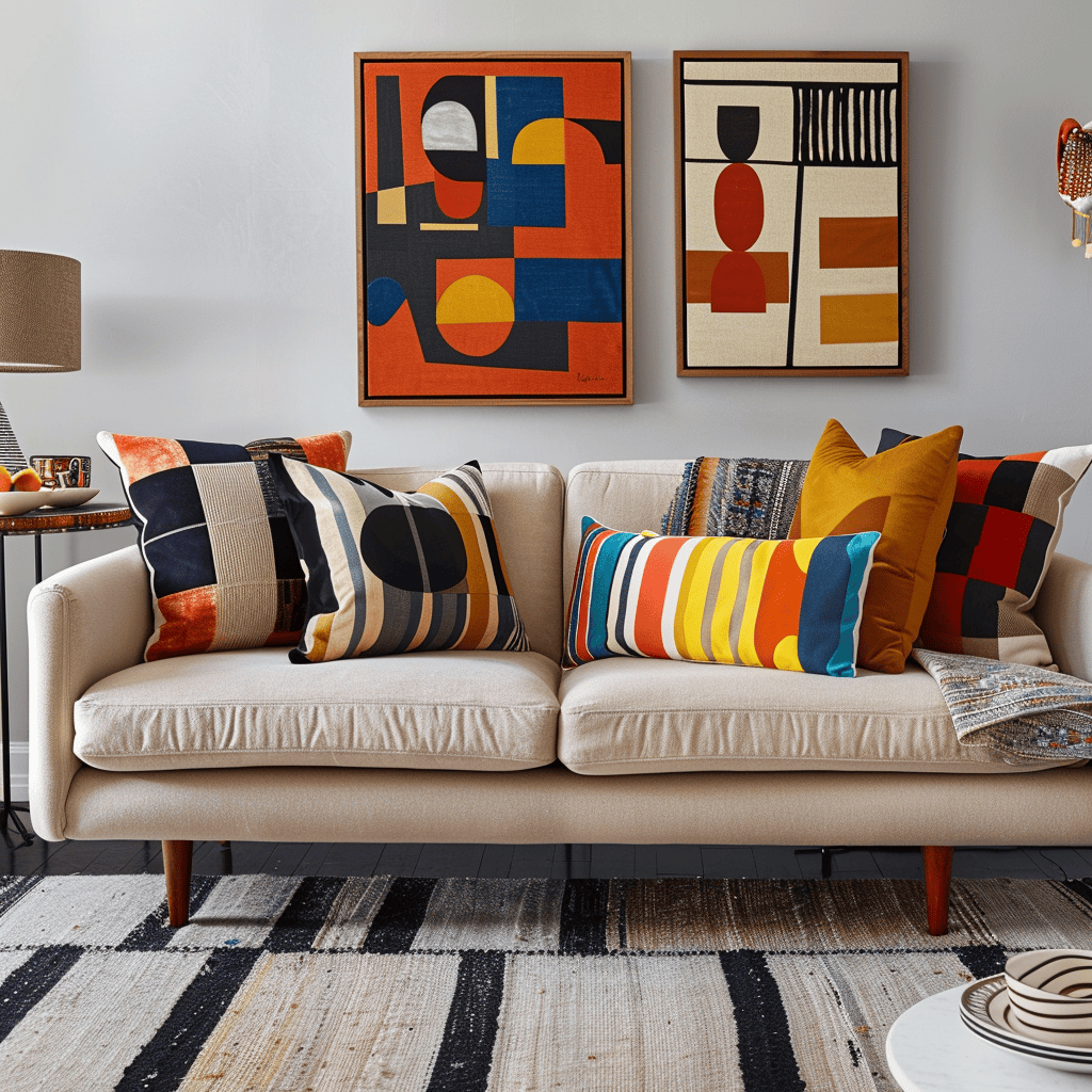 A mid-century modern living room with a neutral sofa, brought to life by a collection of throw pillows in bold graphic patterns and vibrant colors, adding a playful touch