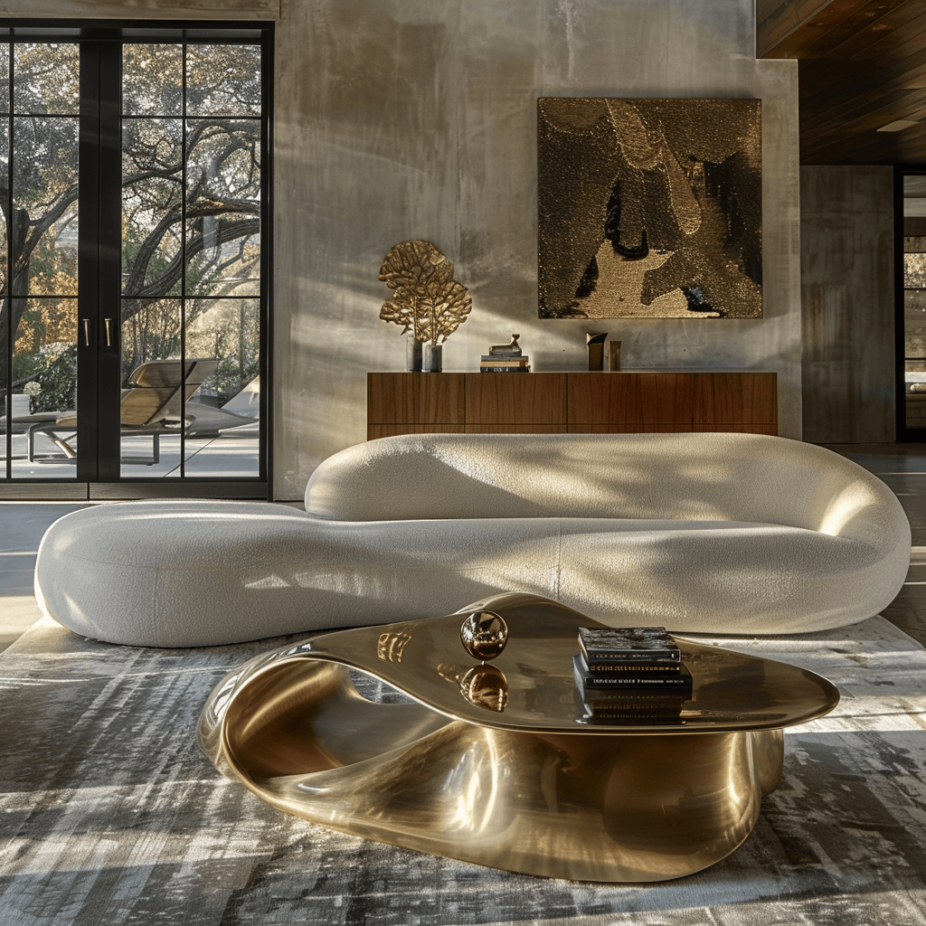 A mid-century modern living room with a sculptural brass accent piece on the coffee table, featuring organic, curved forms that catch the light and add visual interest