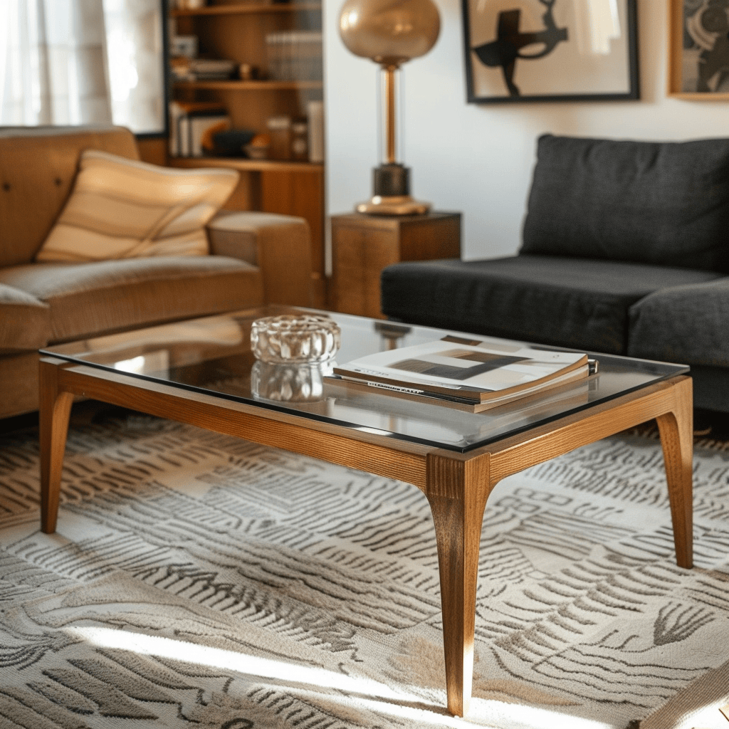 A mid-century modern living room with a sleek, rectangular coffee table featuring a glass top and tapered wooden legs, exemplifying the style's clean lines and geometric forms3