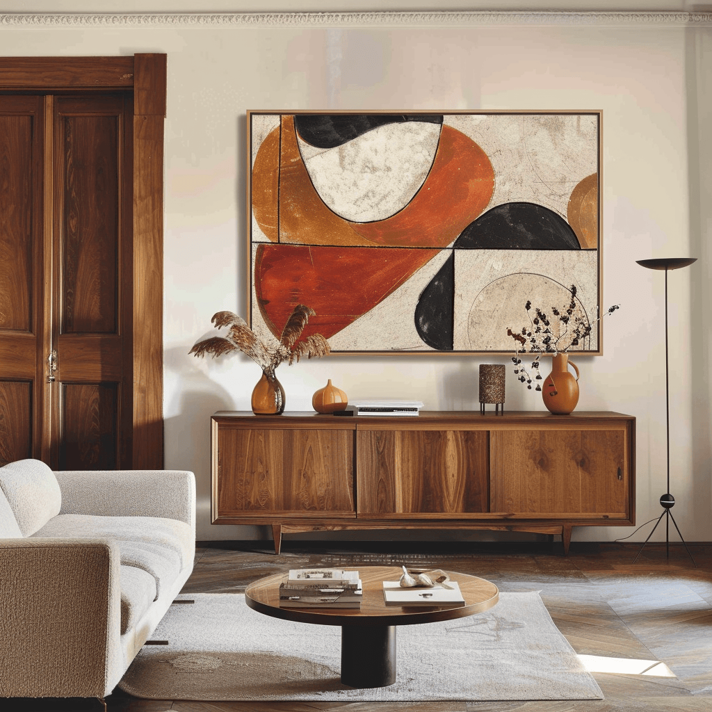 A mid-century modern living room with a vintage teak sideboard paired with a modern abstract art piece and sleek contemporary sofa, showcasing the power of mixing and matching styles3