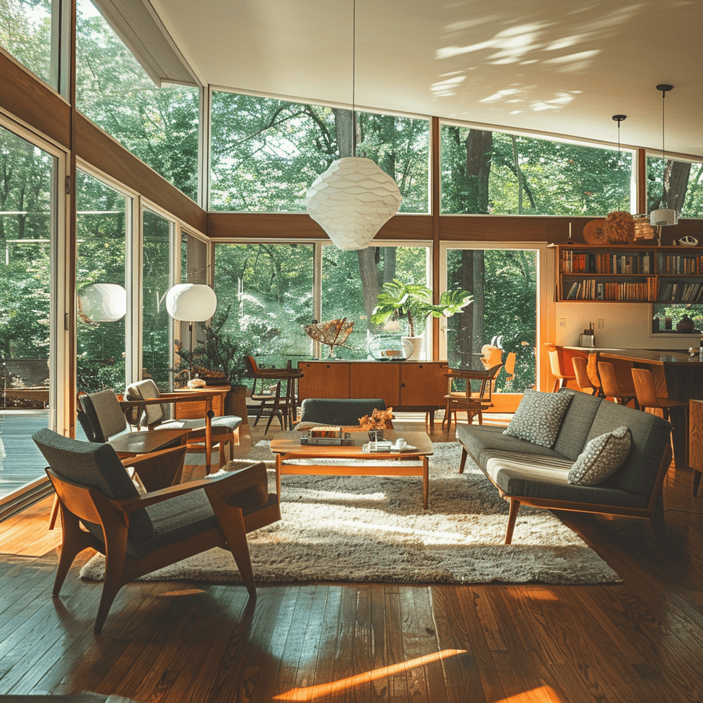 A mid-century modern living room with an open floor plan and conversation-focused furniture layout, allowing for easy movement and fostering a relaxing, social atmosphere3