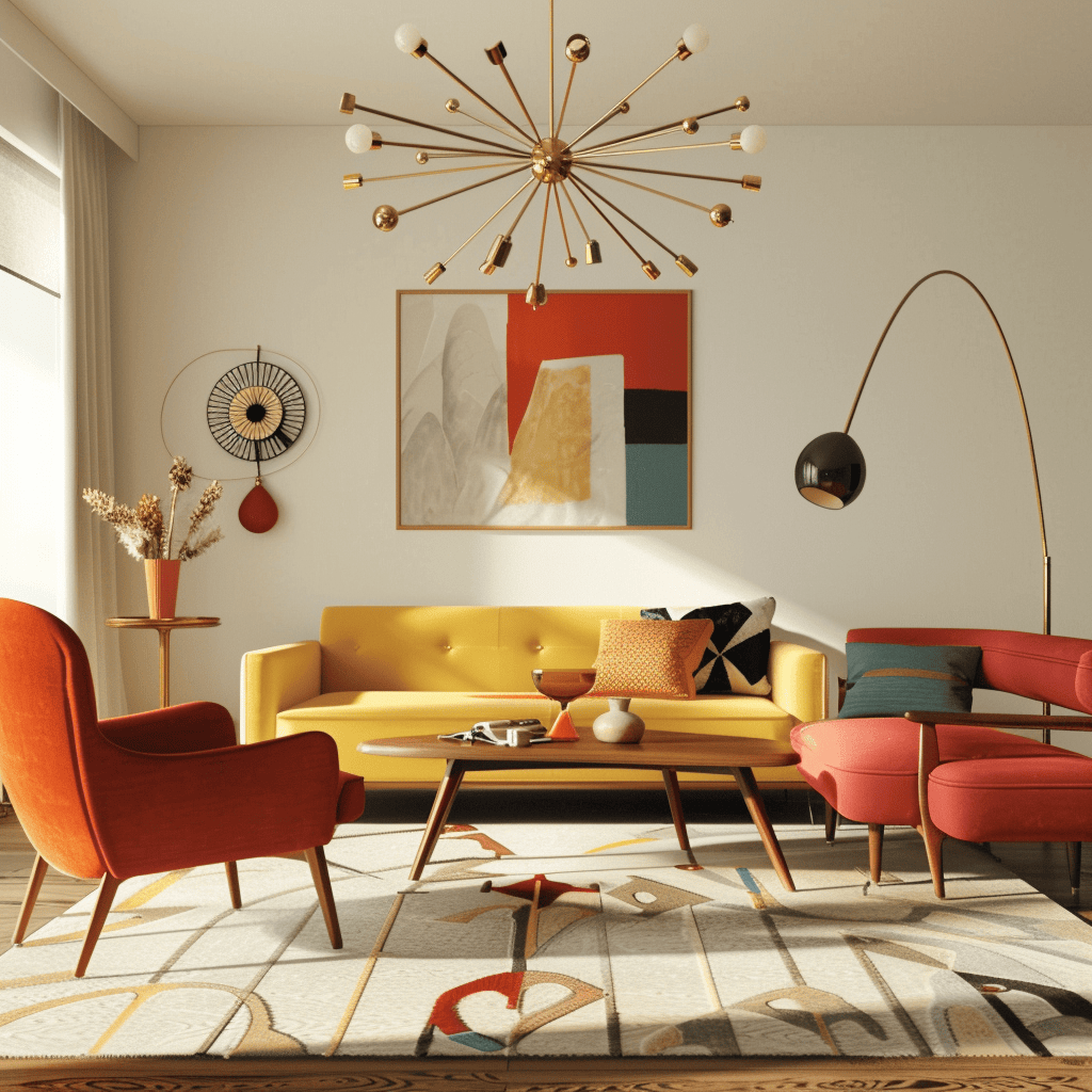 A mid-century modern living room with diverse lighting options, including a Sputnik chandelier, arc floor lamp, and geometric table lamps, creating a warm and inviting ambiance2