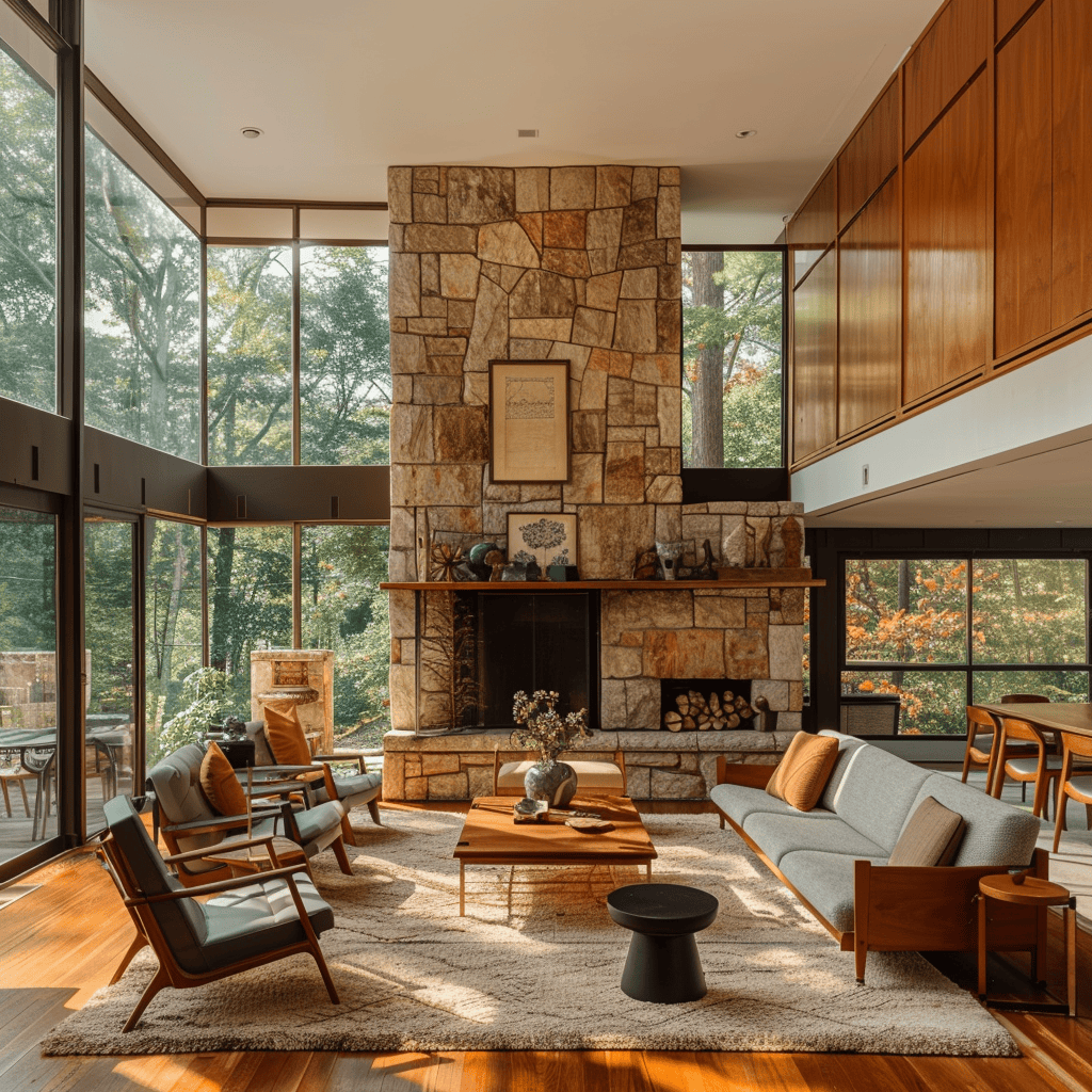 A mid-century modern living room with furniture arranged around a stunning stone fireplace, creating a natural focal point and inviting gathering spot3
