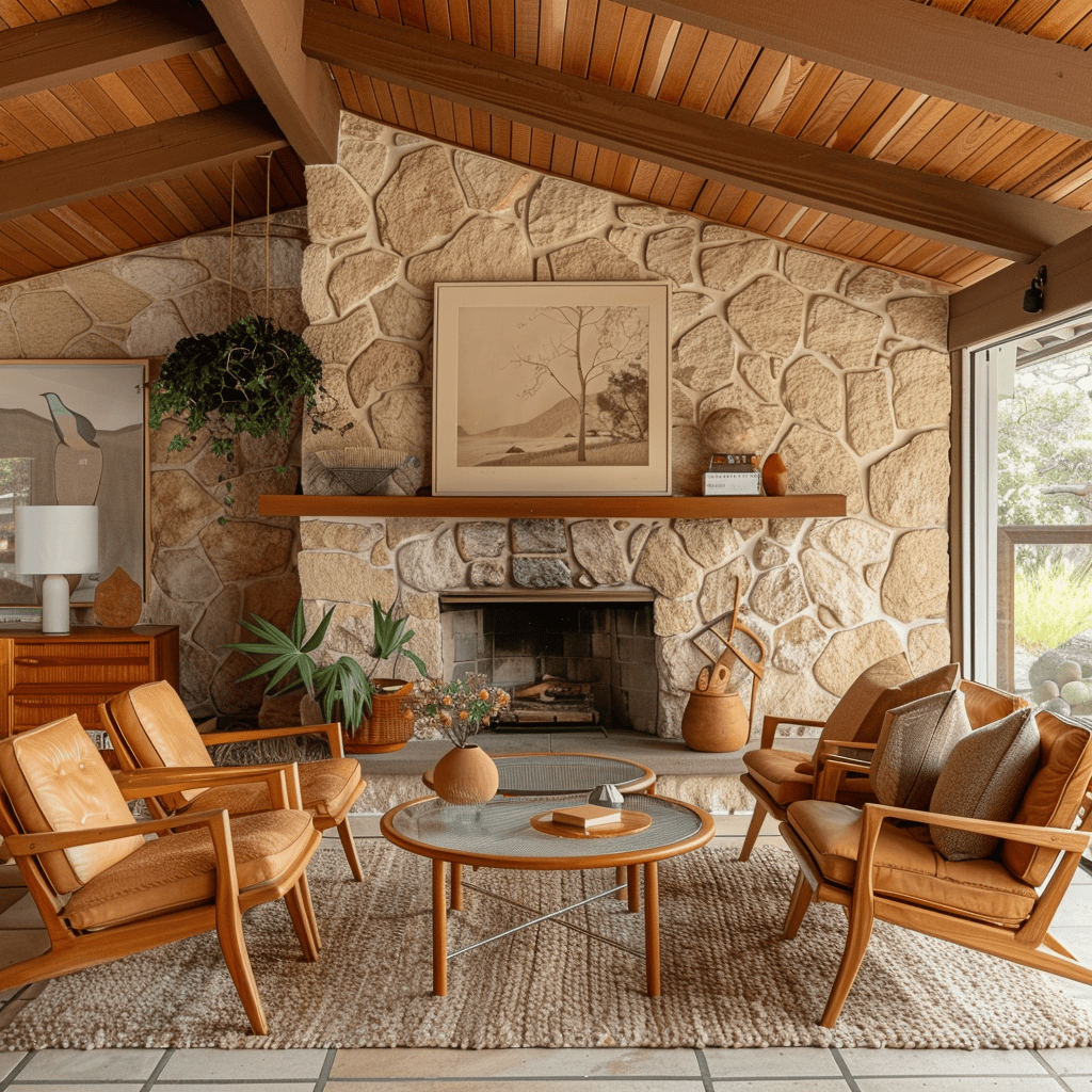 A mid-century modern living room with furniture arranged around a stunning stone fireplace, creating a natural focal point and inviting gathering spot4