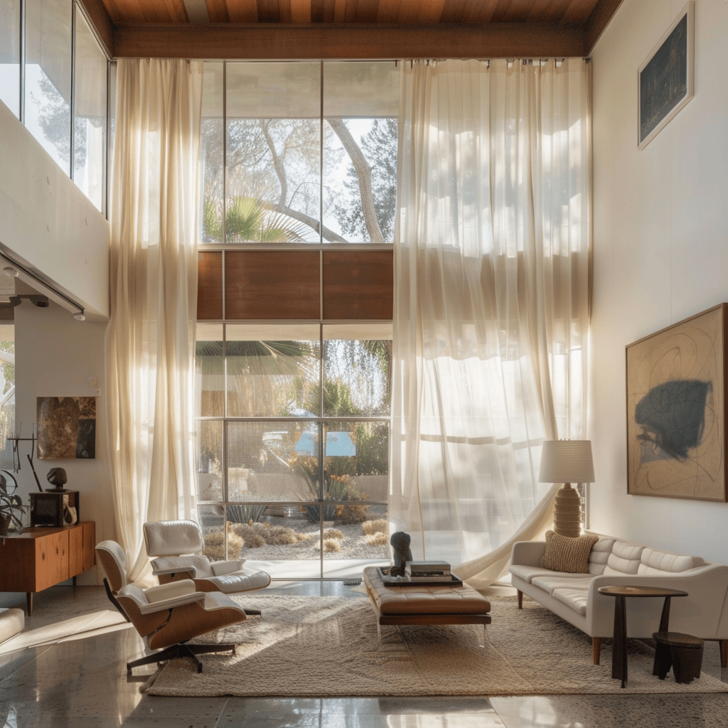 A mid-century modern living room with sheer white curtains gently billowing in front of large picture windows, filtering soft natural light and creating a dreamy atmosphere2