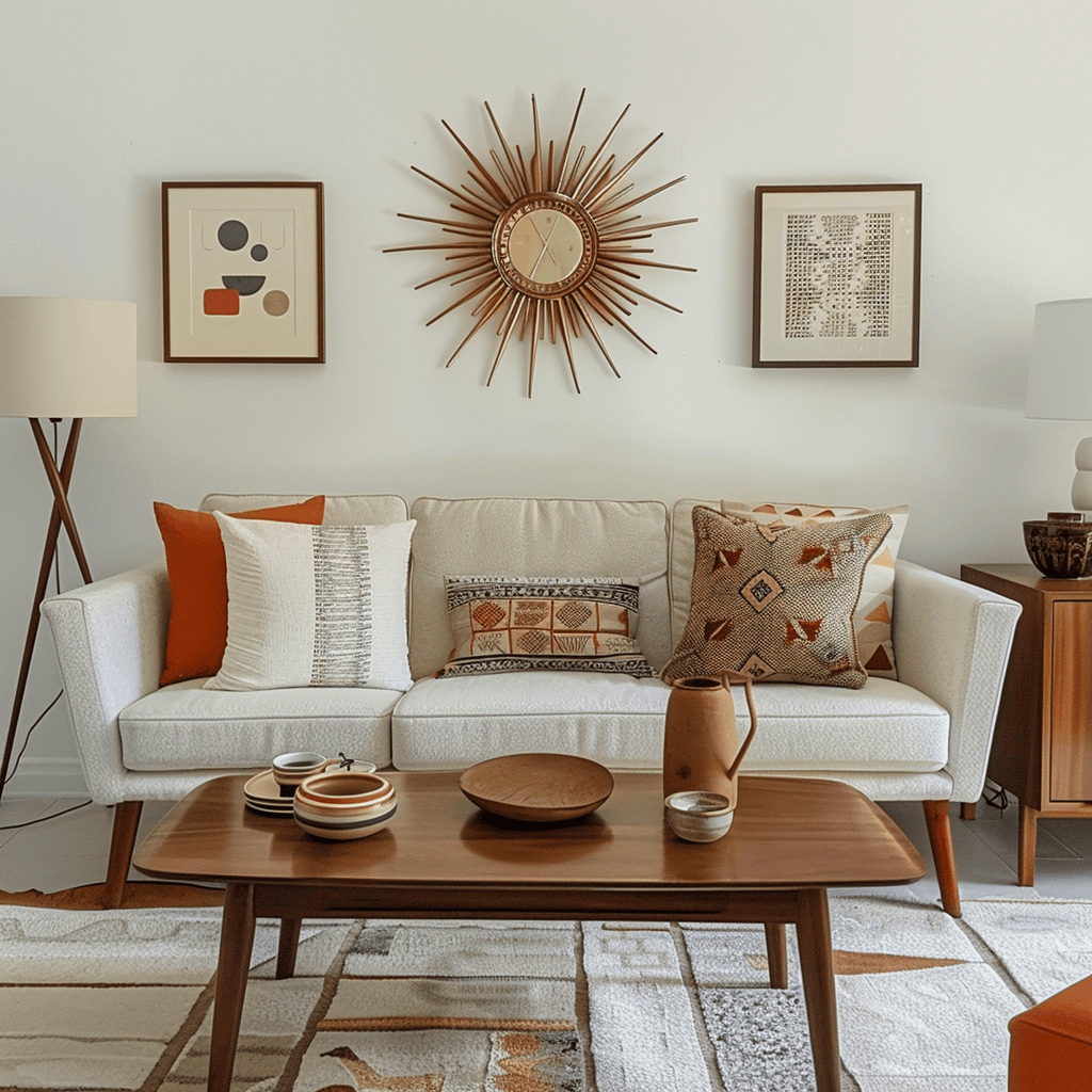 A mid-century modern living room with thoughtfully curated decor accents, including a sunburst wall clock, pottery collection, and framed abstract prints, completing the stylish space3