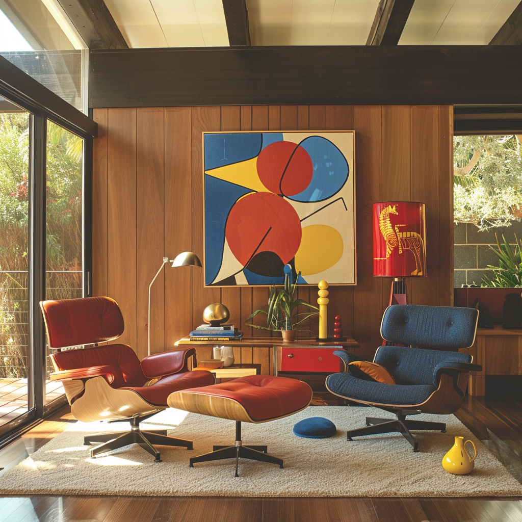 A mid-century modern space featuring pops of bold primary colors (red, blue, and yellow) against a neutral background3