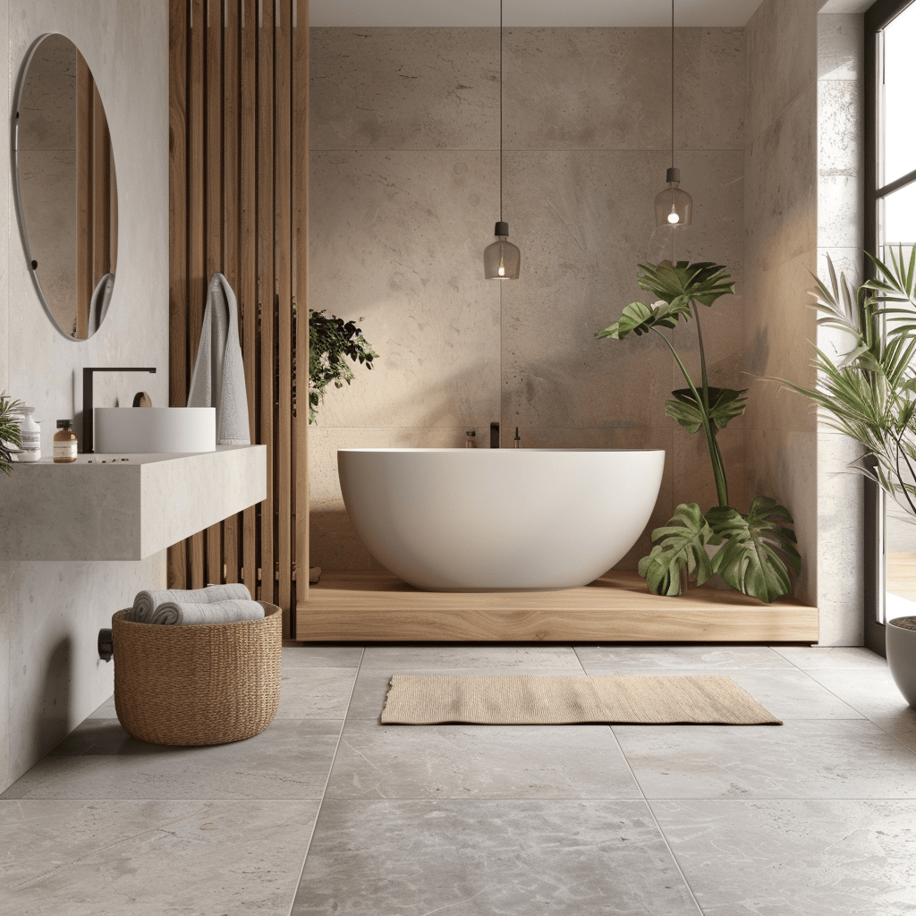 A minimalist bathroom with a mix of warm and cool tones, featuring a cool gray tile floor, warm beige walls, and natural wood accents, creating a balanced and inviting atmosphere