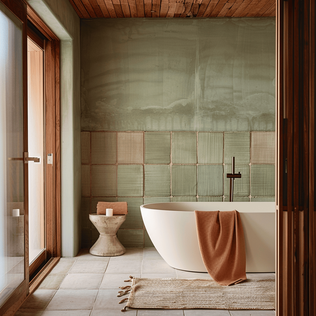 A minimalist bathroom with a palette of muted earthy tones, including sage green, terracotta, and natural wood, creating a serene and organic atmosphere