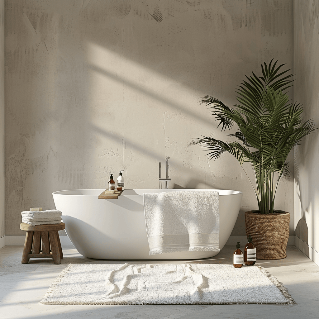 A minimalist bathroom with a spa-like atmosphere, featuring soft, soothing tones like white, pale gray, and beige, with a freestanding bathtub, fluffy white towels, and a green plant