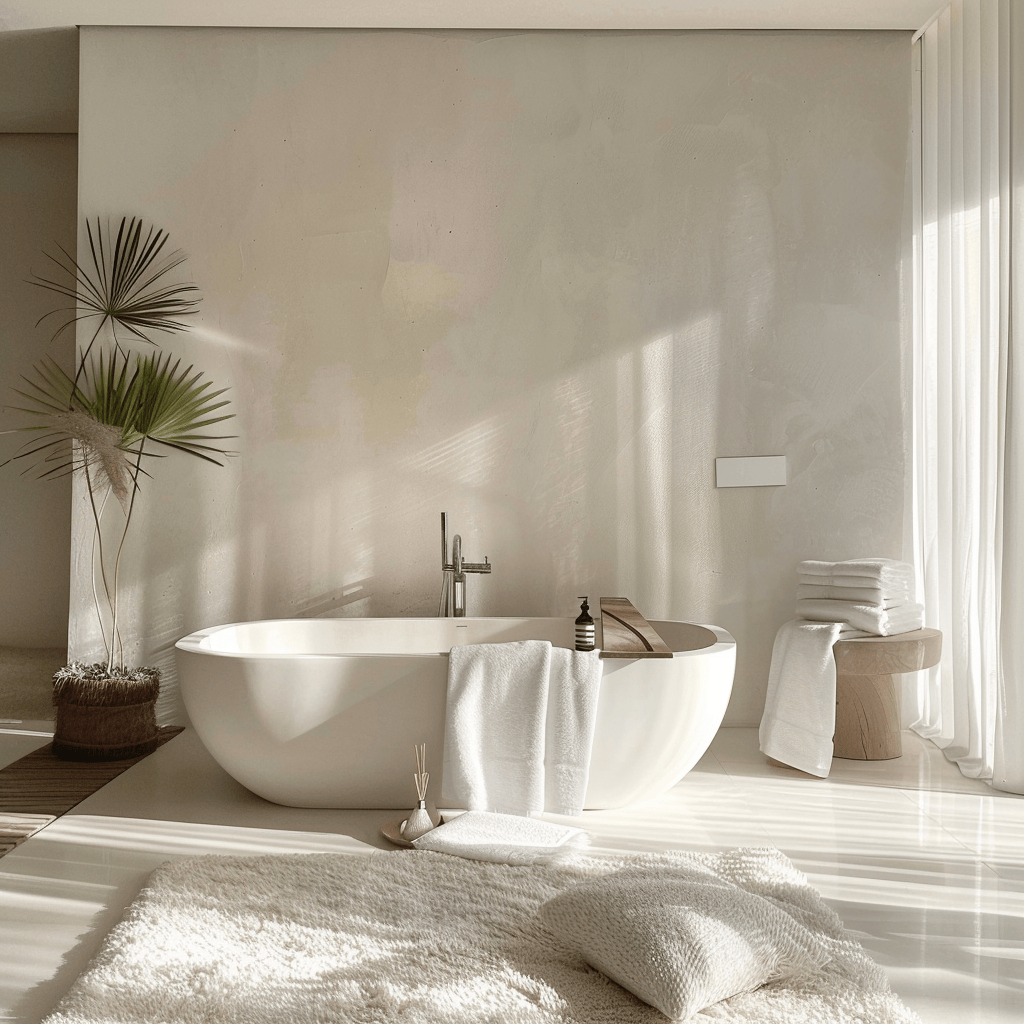 A minimalist bathroom with a spa-like atmosphere, featuring soft, soothing tones like white, pale gray, and beige, with a freestanding bathtub, fluffy white towels, and a green plant2