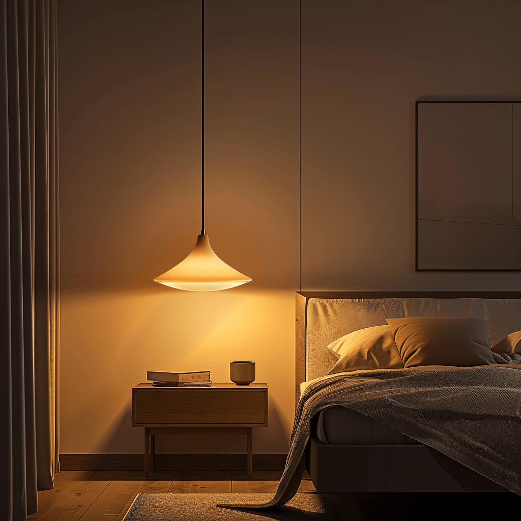 A minimalist bedroom at night, illuminated by soft, warm lighting from a bedside table lamp and a pendant light, creating a cozy and inviting atmosphere2