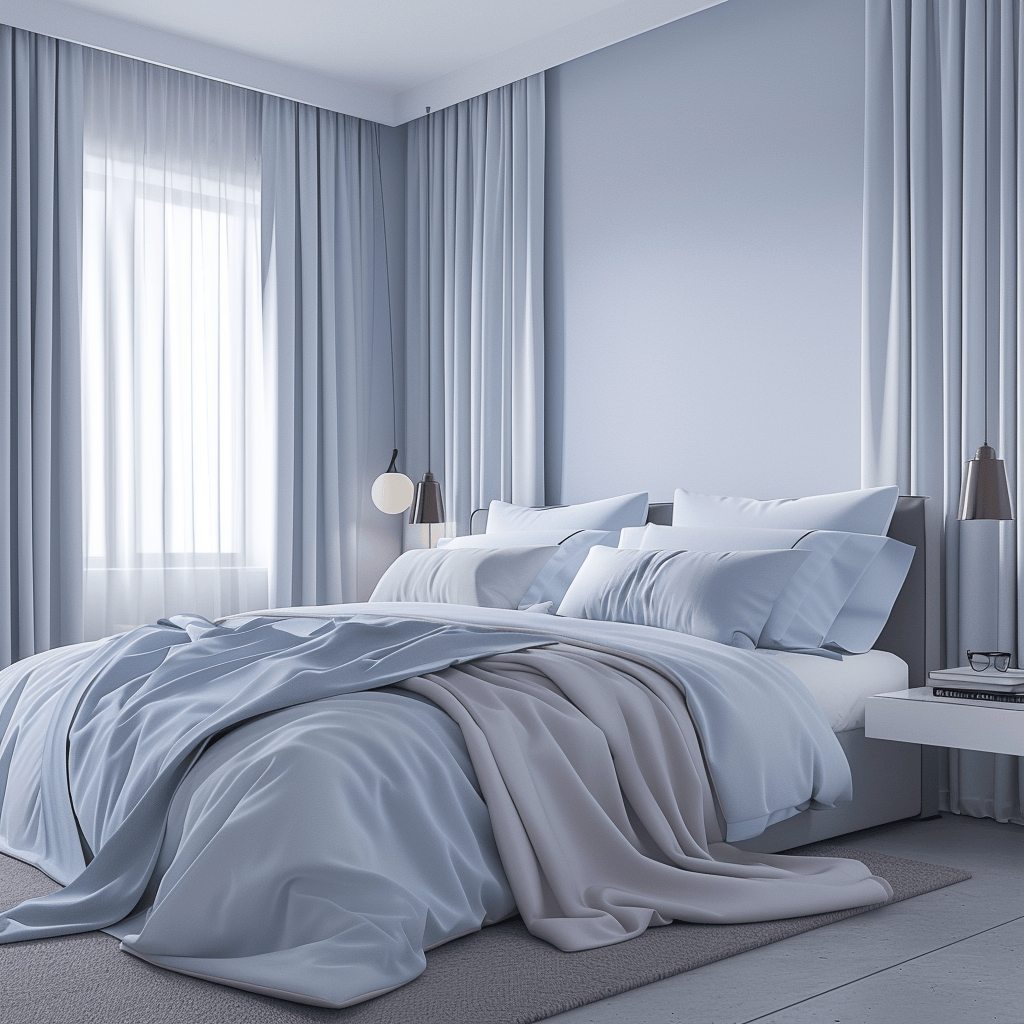 A minimalist bedroom featuring a soothing palette of pale blue, lavender, and soft gray, creating a calming and tranquil environment for restful sleep2